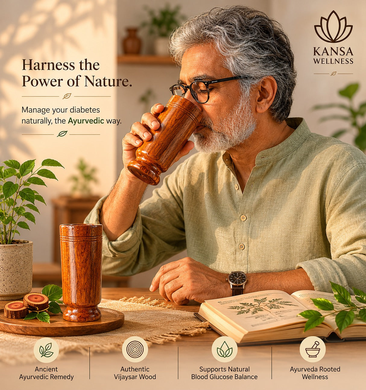 Vijaysar Wood Glass with water