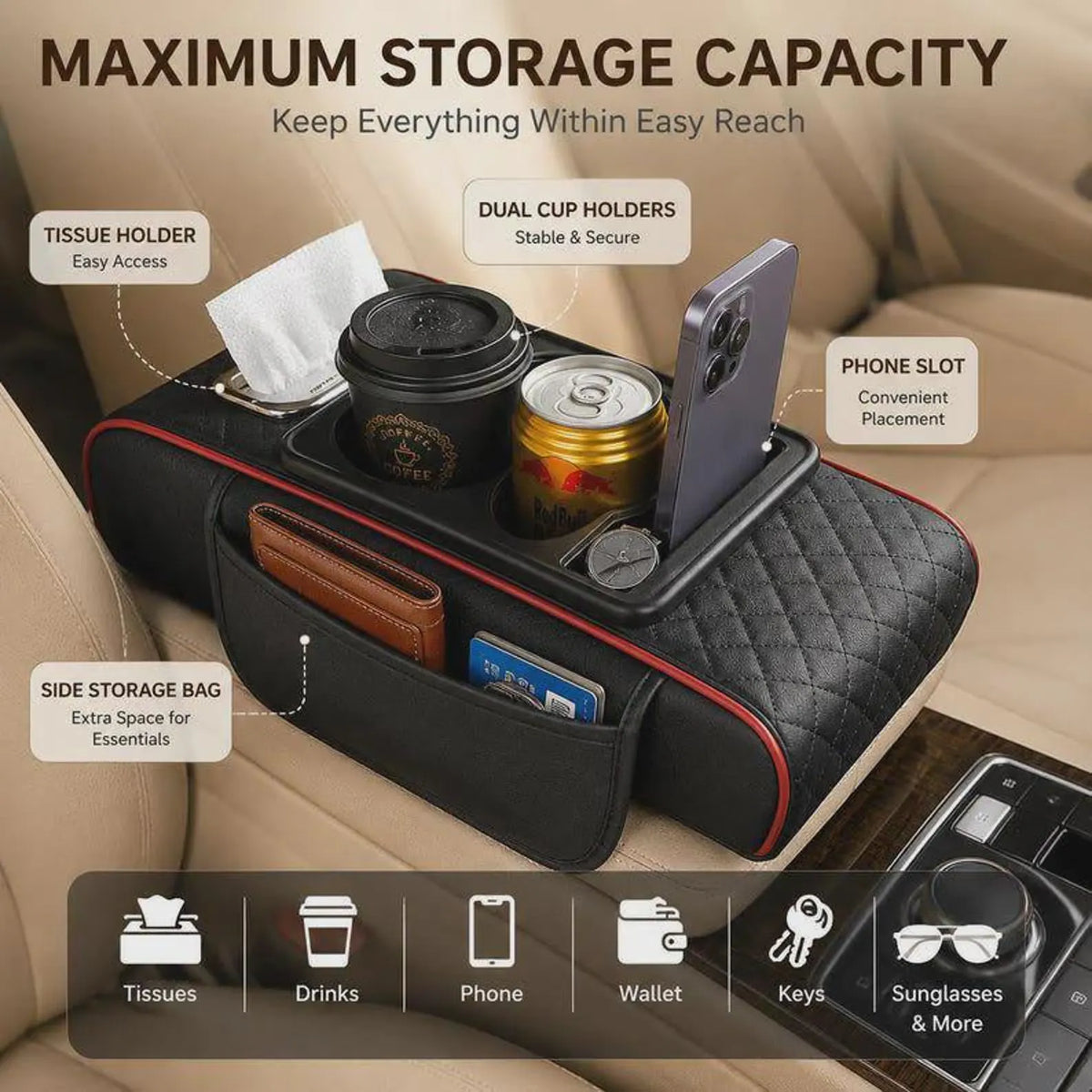 Armora™ 5-in-1 Car Armrest Organizer for Ultimate Comfort & Convenience